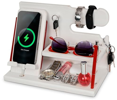 TESLYAR Holz Handy Dockingstation für Männer Schreibtisch Zubehör Arbeitsplatz Organizer Nachttisch Organizer Geburtstagsgeschenk für Männer oder Väter Jubiläum Idee