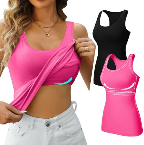 Charmo Top Damen Sommer Top mit integriertem BH Sport BH Hemdchen ohne Bügel Sommer Trägershirt Tanktops Frauen 2er Pack (ohne Polsterung)