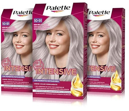 Palette Intensive Creme Color 10-91 Rubio Muy Claro Plata, tinte de pelo permanente con aceite de macadamia y almendras, cubre el 100% de las canas y raíces, para un color radiante