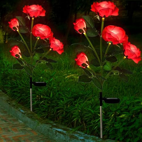 HELESIN Solarlampen für Außen Garten 2 Stück, IP65 Wassergeschützt Solar Blumen für Außen, Solar Rosen Außen Wetterfest, Solarlampen für Außen Deko, Büsche, Rasenflächen Deko Rote