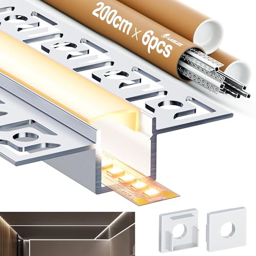 6 x LED Trockenbauprofil 2M, LED Aluminium Profil Schiene Unterputz Kanal und Diffusor Aufputz für Indirekte Beleuchtung Decke (SP46 2M, 6)