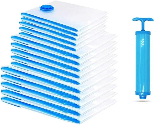 Sacs de Rangement Sous Vide Lot de 12 Sacs 2*130x100+ 2*100x80+ 4*80x60+ 4*60x40cm Housses de Rangement Sous Vide Voyages Réutilisables pour Matelas, housses de rangement sous vide avec pompe manuelle