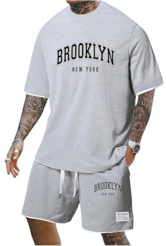 Herren Trainingsanzug Set Sommer Sportanzug 2 Teiliges Outfit Sport Set Kurzarm T-Shirt + Kurze Hose Sets Freizeitanzug Männer Rundhals Oberteile Shorts Jogginganzug Zweiteiliges Top und Kurz Hose