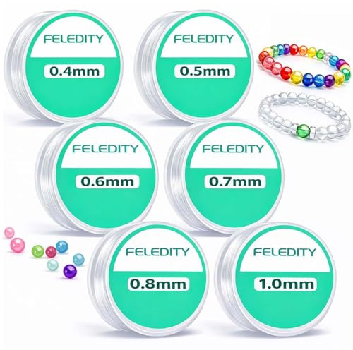 6 Spools Elastic Band for Bracelets (0.4/0.5/0.6/0.7/0.8/1.0 mm), Transparent Nylon Cord, Tear-Resistant Thread for DIY Jewellery, Bead Bracelets & Bracelet Crafts