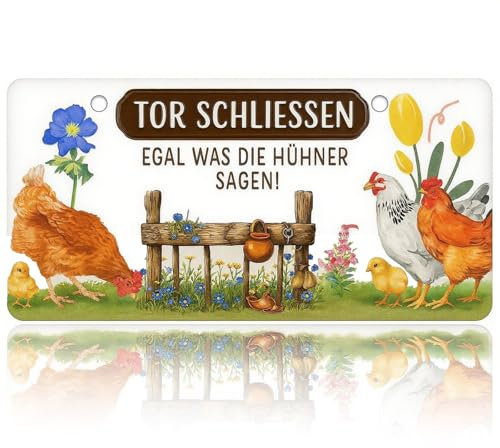 Blechschild Hühnerstall Schild - Hühner Schild TOR SCHLIESSEN EGAL WAS DIE HÜHNER SAGEN - Hühner Deko Geschenk als Hühnerstall Zubehör und Wanddeko Metallschild 32x16cm