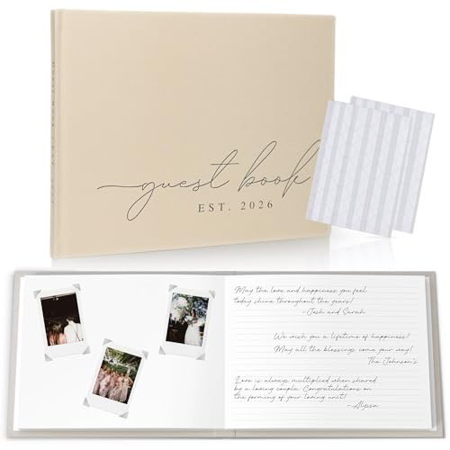 Wedding Guest Book With Personalized 2026 Year - Linen Photo Guestbook to Sign at Reception Party - Includes Clear Photo Corners Self Adhesive - 100 Pages Blank and Lined Thick Paper Guest Books