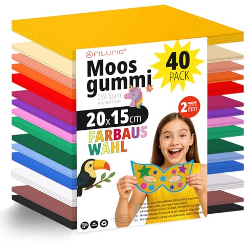OFITURIA 40 Blatt Moosgummi Set, Bunte Farben, Format 20x15 cm – Ideal für Bastelprojekte, DIY, Schule, Kunst & Dekoration (Glitzer)
