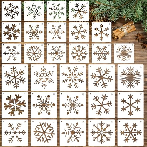 OOTSR 30 Stück Weihnachten Schablonen, Wiederverwendbare Schneeflocken Schablonen Malschablonen aus Kunststoff für Malen auf Holz, Leinwand, Kartonrahmen, DIY, Scrapbooking