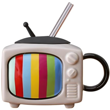 Flaroey Ceramic Square Coffee Cup Set with Straw and Lid Tea Cup Retro TV - Light Gray