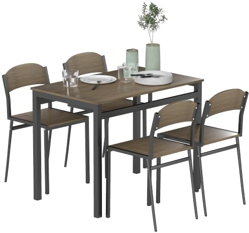 HOMCOM Esstisch und Stühle Set, Rechteckiger Küchentisch mit 4 Stühlen, Moderner Stil, Metallrahmen, für kleine Räume, Wohnzimmer, Dunkelbraun und Schwarz