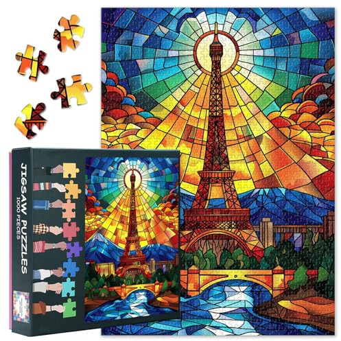 1000 Piece Jigsaw Puzzle for Adults Eiffel Tower Stained Glass Art Paris Cityscape Sunset Puzzle Vibrant Color Landscape Wall Art Home Decor Puzzle 27.5x19.7 Inch