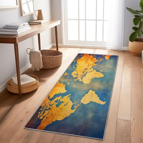 Läufer Teppich Navigation Weltkarte Kontinent 80X200 cm rutschfest Waschbar Blau Kurzflor Weich Teppich Läufer Für Küche Wohnzimmer Schlafzimmer Flur Bodenläufer