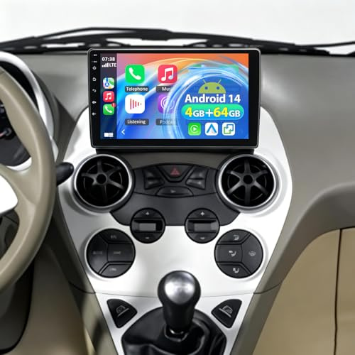 Autoradio 2 DIN Android 14 per Ford Ka 2008-2014, Schermo Touch 9 Pollici 4+64G, CarPlay e Android Auto Wireless, Bluetooth GPS FM/RDS WiFi, Navigazione Auto con SWC DSP
