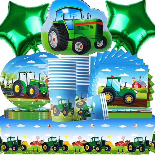 Tractor Party Tableware Serves 20, Green Farm Party Tableware, Birthday Party Table Decoration Set (Tablecloth + Cups + Plates + Napkins + Balloons)