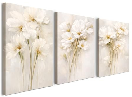 Alptiny 3er Set Leinwandbilder mit Rahmen 30x40 cm, Beige Blumen Wandbilder modern für Wohnzimmer und Schlafzimmer, mit Klettband, Abstrakte Bilder Leinwand im minimalistischen Stil, HD-Druck