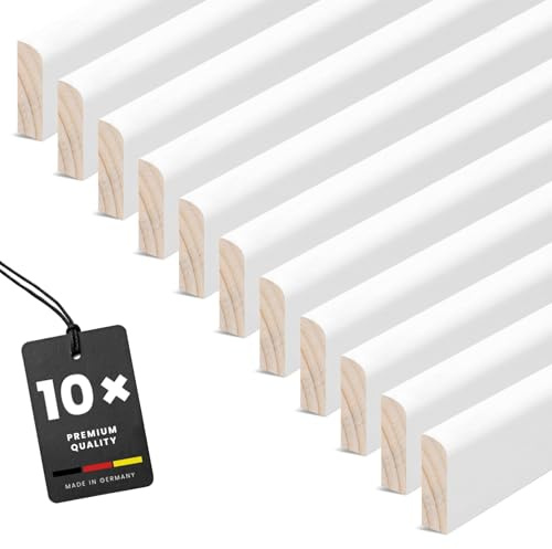 KGM Deckleisten - Kiefer Massivholz - Weiß - 2400 x 23 x 9 mm - 10 Stk. | RAL 9016, lackierte Holzleisten, überstreichbar, Abschlussleiste für Übergänge & Innenausbau, lösemittelfrei, kürzbar