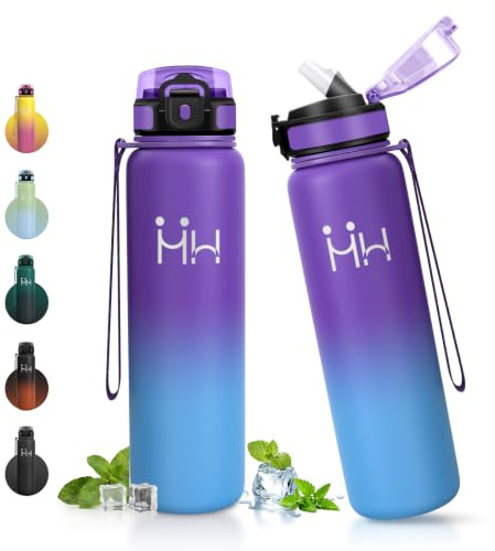 JAPORIA Botella Termica 1L, Botella Agua con Pajita, Cantimplora Reutilizable, sin BPA, a Prueba de Fugas, Doble Pared al Vacío, Cantimplora para Oficina, Deporte, Senderismo