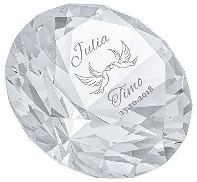 Casa Vivente Kristall aus Glas mit Gravur zur Hochzeit, Diamantenform, Motiv Tauben, Personalisiert mit Namen und Datum, Deko, Mit Geschenkbox