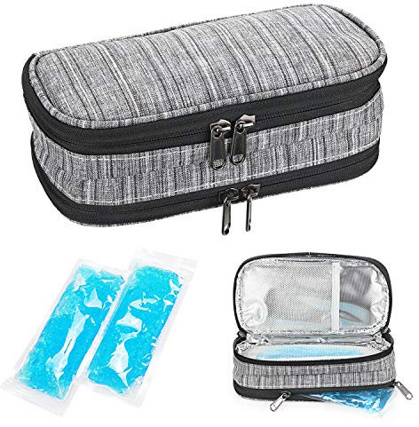 YOUSHARES Insuline Trousse Isotherme Portable avec 2 Poches de Gel, Sac de Refroidissement Pochette Insuline Double Couches pour Diabétique, Gris