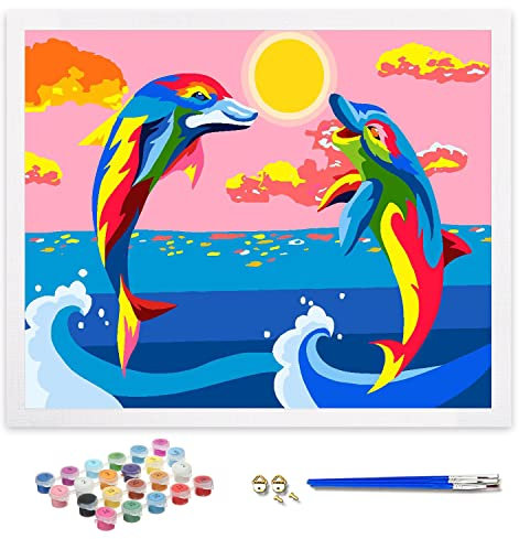 ifymei Peinture par Numero pour Enfant et Adulte, Loisirs Créatifs Activité Manuelle, Peinture Acrylique Kit de Dessin pour Filles et Garçons, Sans Cadre 40 x 50 cm - Animaux - Dauphins