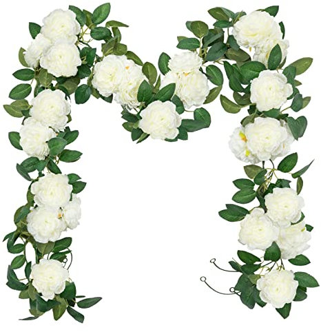 SHACOS 3 Stück(6,0 Meter) Künstliche Blumengirlande Deko Rosengirlande Hochzeit Weiß Kunstblumen Girlande Pfingstrosen Girlande Seidenblumen Hängende Girlande für Hochzeit, Garten, Wand, Dekor