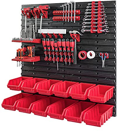 PAFEN Panneau Mural Porte-Outils - Caisses Empilables - Rangement Outil - Armoire Garage - Tableau Organisation - Étagère Murale pour Atelier - 18 pièces - 772x780 mm