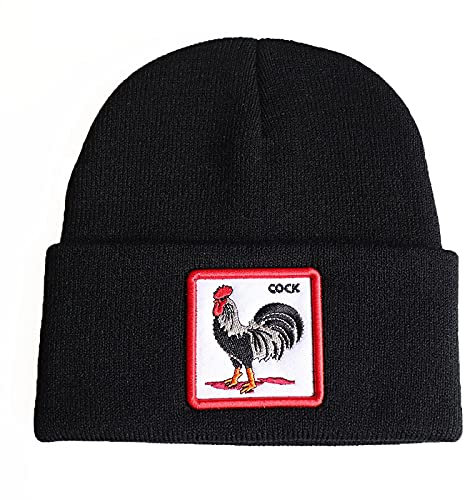 WSMYG Strickmütze Stickerei Skimütze Wollmütze Schwarz Hahn Verstellbar