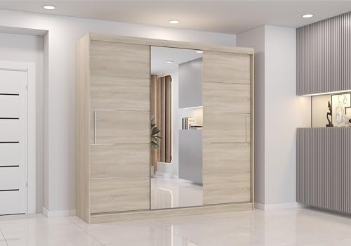 Fabryka Mebli Idźczak Kleiderschrank mit Spiegel, Schiebetüren - Schwebetürenschrank, Schlafzimmerschrank - 61 x 233 x 218 cm - Schrank für Schlafzimmer, Ankleidezimmer, Garderobe - Sonoma