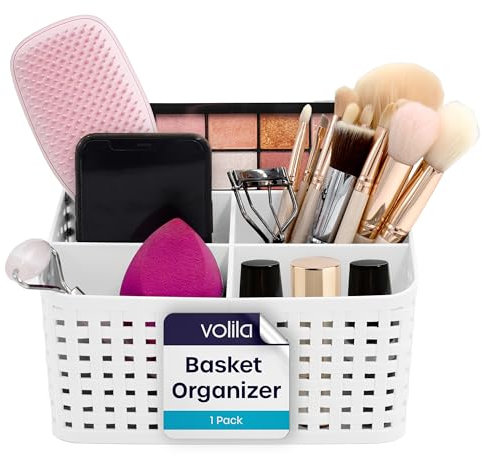 volila Storage Baskets- White Plastic Vanity Storage 1 Pack - Makeup Organiser 5-Grid Multi-function Bedroom Skin Care Organiser, Dressing Table Organiser, Bathroom Toiletries Storage Basket