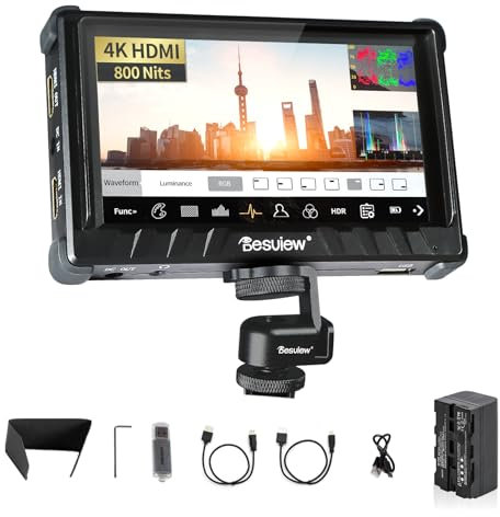 Desview P5II Kamera feldmonitor mit Akku, 5,5 Zoll 800nits 1920x1080 IPS mit HDR 3D LUT Wellenform Peaking Focus Assist Filmen Videomonitor, 4K HDMI Eingang 8V DC Ausgang für DSLR