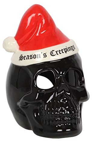 Teelichthalter im Gothic-Stil Season's Creepings, Totenkopf, 16 x 10 cm, Alternative Festliche Dekoration mit schwarzem Totenkopf und Weihnachtsmütze, perfekt für eine gruselige Weihnachtsstimmung,