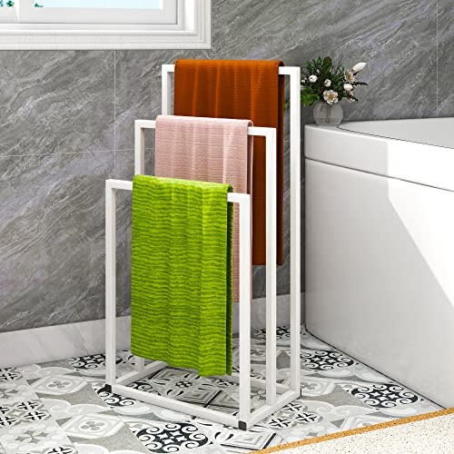 Toalleros independientes con 3 soportes para toallas para organizador de accesorios de baño, soporte para toallas, almacenamiento de toallas de baño y de mano, color blanco