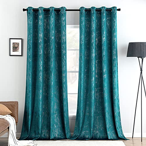 MIULEE Vorhang Gardinen mit Ösen Gold Samtvorhänge Vorhänge Blickdicht Osen Folie Druck Gardinen Vorhänge Gold Ösenvorhang für Schlafzimmer Wohnzimmer 2er Set 140 x 280 cm(B x H) Blaugrün