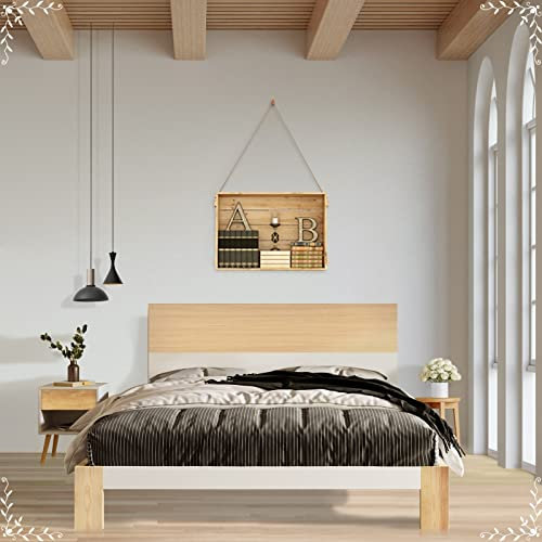 Whoiy Massivholzbett 140X200, Vintage Bettnaturfarben mit 1 Nachtkästchen Klassisches Landhaus Doppelbett