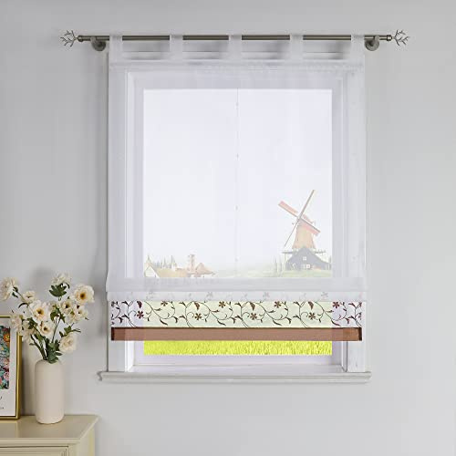 CORLIF Raffrollo mit Blumenmuster Bestickte Raffgardine Küche Modern Schlaufenrollo Leinenoptik Transparente Rollo Kurz Fenster Schal Landhaus mit Schlaufen B/H 120/150 cm Braun