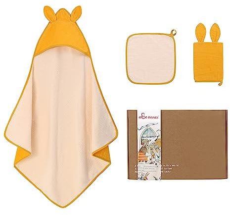 Baby-Kapuzenhandtuch-Set, 100 % Baumwolle, sehr weich, saugfähig, große Größe 85 x 85 cm, Babyparty, 3-teiliges Set, Baby-Geschenk für Neugeborene, Kleinkinder, Jungen und Mädchen