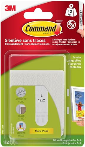 Command Languettes Accroche Tableaux 17206-12, blanches, larges, 12 x 2 languettes, 7,2 kg, White