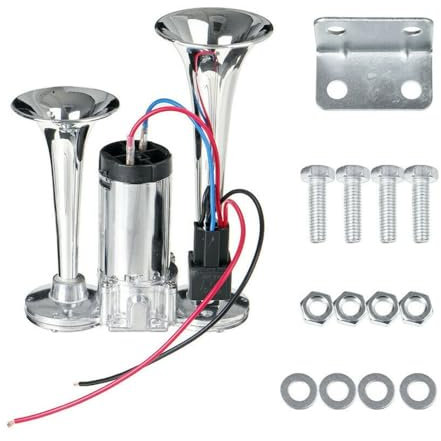 Autohupe, 150 DB Super Laut Doppelte Elektrische Lufthupe Elektrische Hupe Versorgung Doppelrohr Metall Verbundene Elektrische Pumpenhupe Air Horn Kit 12 V Zughupen Set für LKW Autos Boote