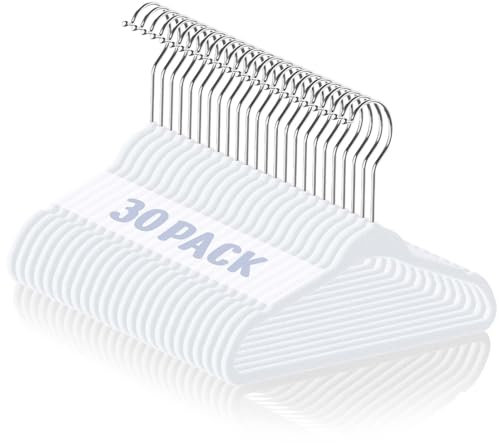 HOUSE DAY 30er Set Kinderkleiderbügel aus Samt,28cm Kleiderbügel Kinder mit Gekerbtem Design,Ultradünn, Platzsparend Baby Kleiderbügel, 360 Grad Drehhaken, rutschfeste,Weiß