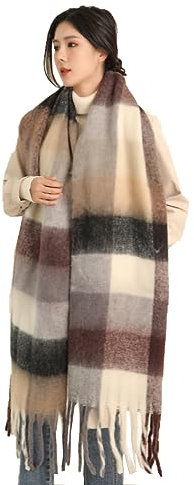 Damen Schal, Kariert übergroßer Winter SchaltuchKaro Schultertuch Plaid Deckenschal Modeschal Weich Warm Strickschal Oversized Herbstschal Warme Winter Stola mehrfarbig,Grau
