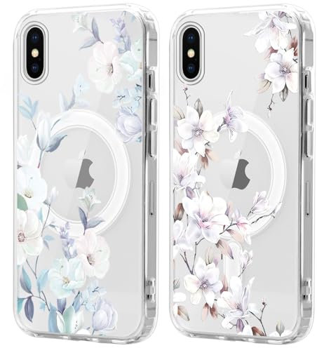 Xylota 2 Stück Magnetisch Hülle für iPhone X/XS 5.8'' [Kompatibel mit MagSafe], Aesthetic Blumen Muster Mädchen Design Klare Handyhülle, TPU Stoßfeste Transparent Schutzhülle für iPhone X/XS