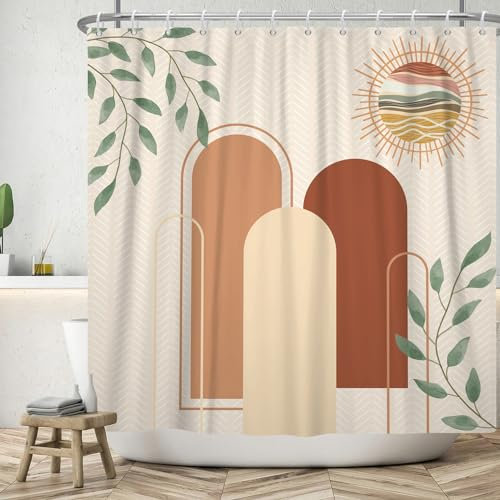 ASDCXZ Rideau de Douche Boho 180x200 cm, Style Boho Abstrait Moderne Feuilles Vertes colorées Soleil Marron Beige Lavables Textile Rideau de Bain imperméable pour Baignoire