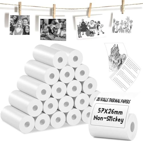 20 Rollen Thermopapier, glänzendes Thermodruckerpapier für tragbare Minidrucker, 57 mm x 4,5 m, Durchmesser 26 mm, Thermoetiketten für die meisten Taschendrucker, schwarzer Text, geeignet für Notizen