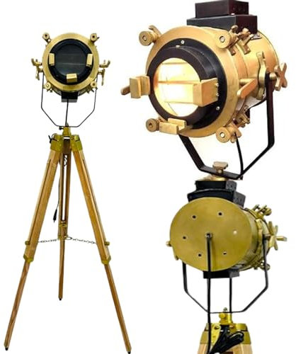 HOMYZ Mordern Industrial Tripod Floor lamp Antique Spotlight for Living Room, Bedroom Office, Vintage Gold Brass Standing Reading Light Floor lamp with Camera Natural Tripod Wood Stand Home Decor