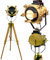 HOMYZ Mordern Industrial Tripod Floor lamp Antique Spotlight for Living Room, Bedroom Office, Vintage Gold Brass Standing Reading Light Floor lamp with Camera Natural Tripod Wood Stand Home Decor