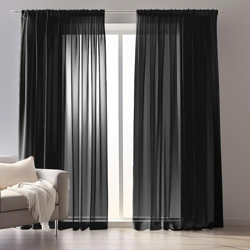 wiipara 2er Set Voile Gardinen Vorhang Schwarz, Transparente Vorhänge Wohnzimmer Curtains aus Voile Polyester, Luftige Gardine Gardinenschals Dekoschal für Schlafzimmer, 132x215CM(BxH), Rod Pocket