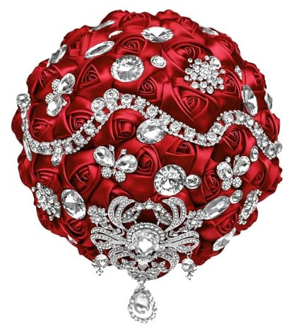 Fasksh Glitzernder Kristall, roter Hochzeitsstrauß, künstliche Satin-Rosen, Luxus-Brautsträuße, Hochzeitsblumen-Zubehör (Farbe: Dunkelrot, 21 cm)