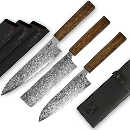 REDSALT® 3er SET セットSPG2 Gyuto Santoku Nakiri Damaststahl handgefertigt in Japan | HRC 62+ Profi Kochmesser 65 Lagen Damast Klinge rostfrei | Chefmesser Küchenmesser Damastmesser