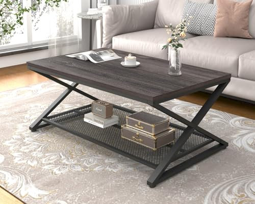 LVB Couchtisch, Wohnzimmertisch, Couchtisch mit Stauraum, Wohnzimmer möbel, Sofatisch Beistelltisch Holz Metall, Stabil Couchtische Rechteckig Klein, Dunkelgraueiche, 100x60x45 cm