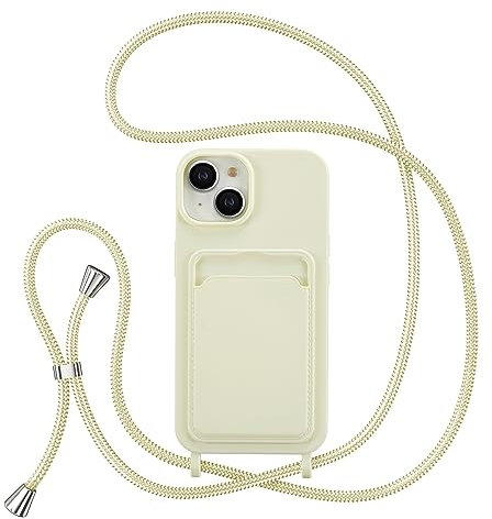 ZTOFERA Crossbody Lanyard Case for iPhone 15 Plus (6.7) with Card Holder, Soft Liquid Silicone Phone Case with Strap Adjustable Neck Cord Necklace Shockproof Protective Cover - Beige